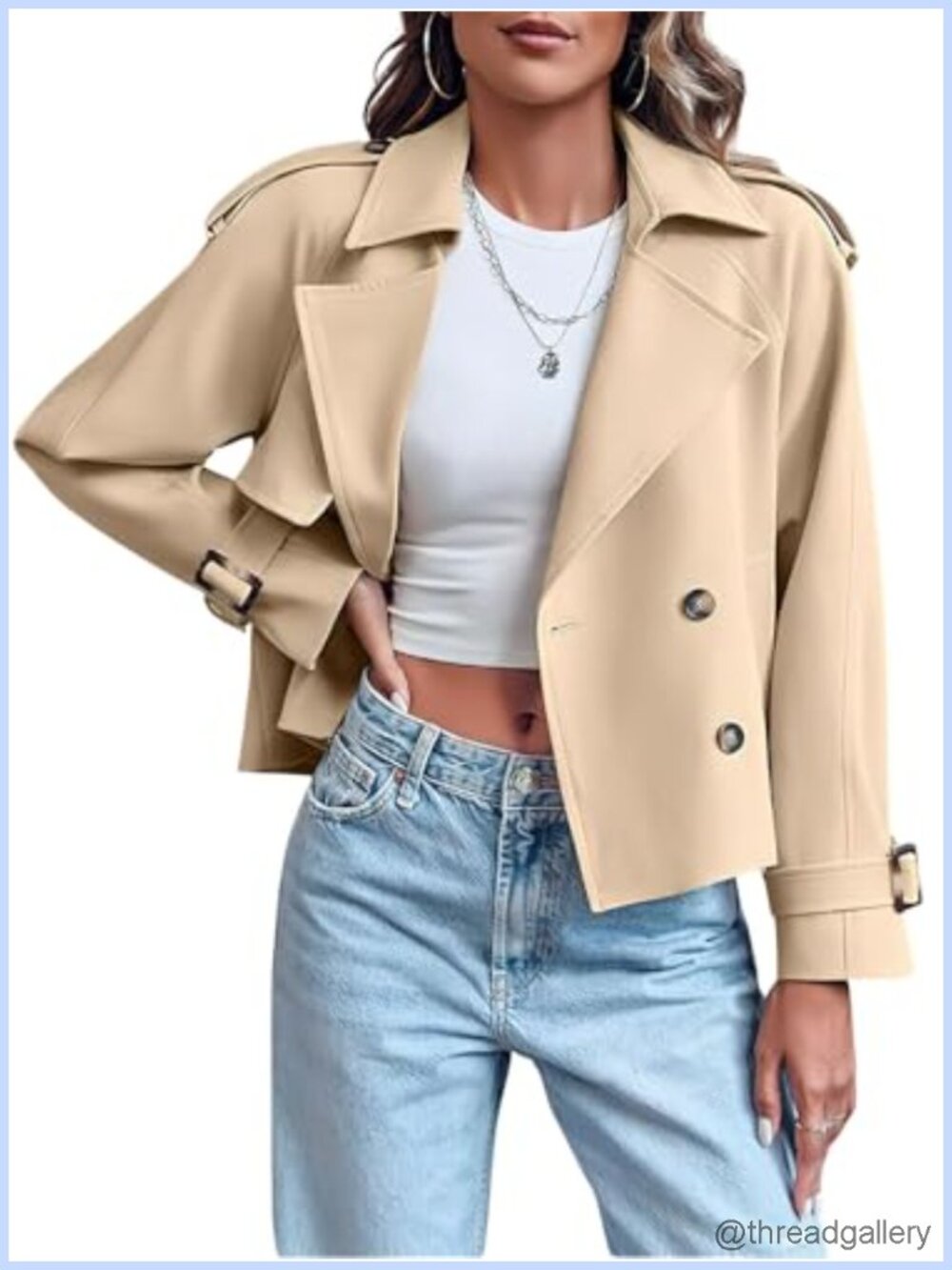 100% Polyester Double Breasted Cropped Trench Coat with Pockets